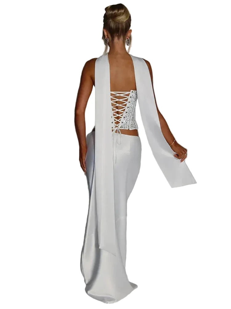 🍒Sequins top and skirt set womens shiny scarf collar with sparkly bodice top with lace up back and satin maxi skirt with fish tail elegant occasion wear club party skirt matching set