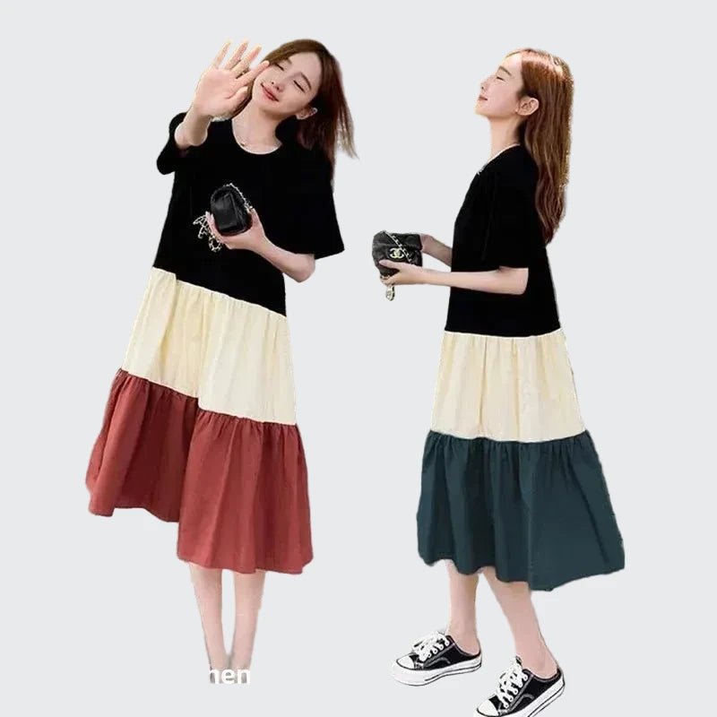 🍒T-shirt dress women colour block outfit loose fit plus size summer fashion stripe clothing stylish medium length over knee a-line fashion wear holiday wear Blocks Of Style