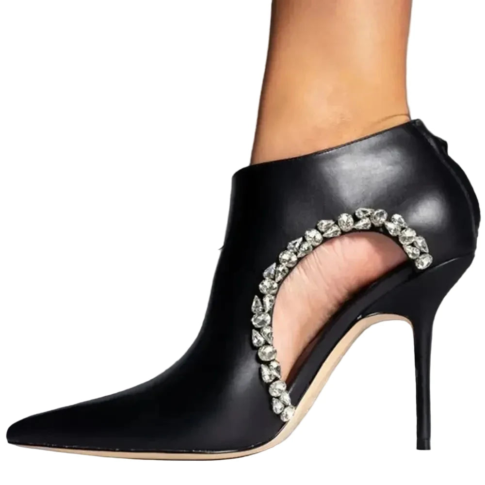 🍒Womens shoe booties genuine leather luxury brand stilettos with diamonds accent pointed toe open arch boots with back zipper leather fashion footwear office shoes occasion shoes Diamond Cut Gems
