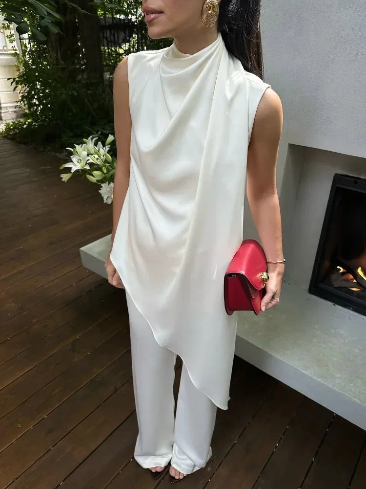 🍒White satin two piece set silk outfits Irregular fashion sleeveless party wear long tops for women  and high waist trouser suit part occasion wear Get A Fashion Angle