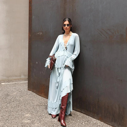 🍒Two piece set ruffled layered blouse shirt top for women plus  long skirt flared sleeves lace up v-neck pleated satin shirt loose feminine fashion wear summer out fit occasion wear party wear Relaxed Ruffles Get A slinky Blue Hue To wear To That Do
