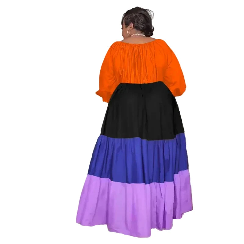 🍒Plus size womens dress colourful clothing puff sleeve maxi outfit long stleeve slash neck patchwork female casual wear Casual long dress Get Into Colour L-5XL