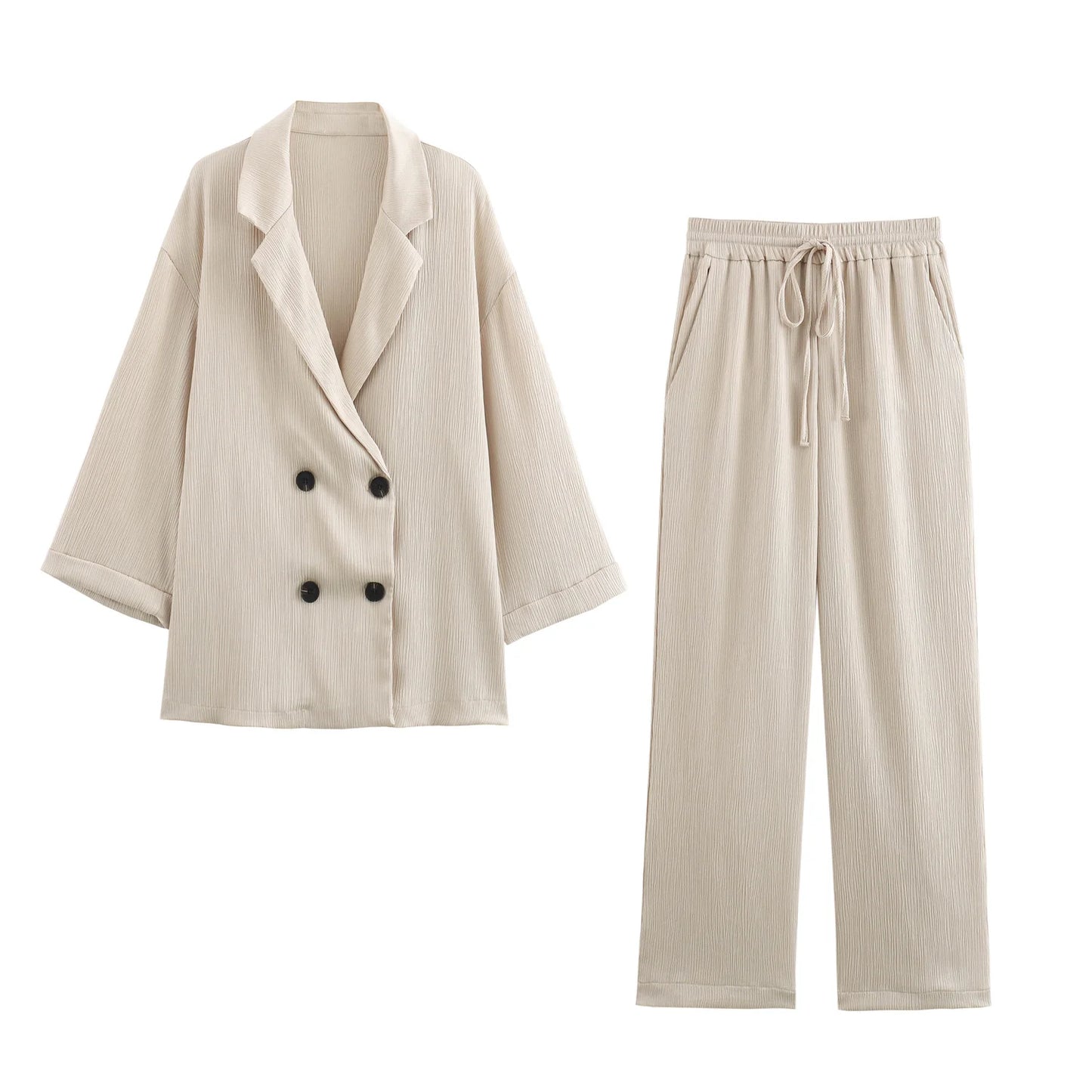 🍒Gemaklike baadjie en broekpak vir vroue langmou dubbelborsbaadjie + wye been broek kantoorklere slim gemaklike mode drag geleentheidsklere Bly Op Die Hoogte Van Die Dubbelbors