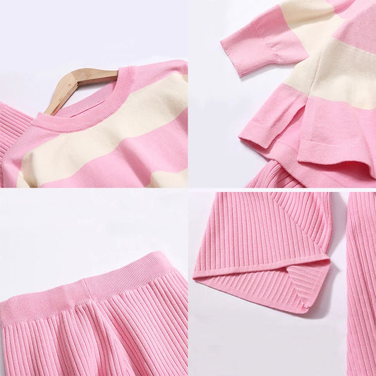 🍒Somer tweekant-stelle dames kontraskleur gestreepte top o-nek langmou plus gemaklike hoë middellyf wye pypbroek Pas Jouself Aan Met Strepe