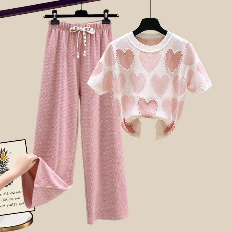 🍒Tweedelige stelpak elegante gebreide t-hemp met liefdeshartjie-top vir vroue en gemaklike wyebeenbroekstelle elegante gemaklike klere huisdrag klere Hou van Hierdie Stel