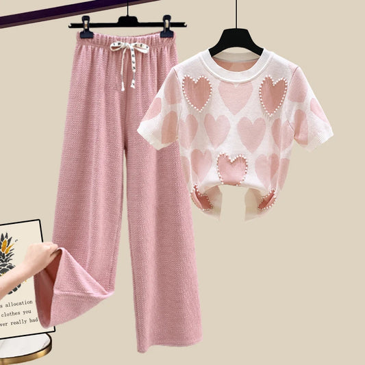 🍒Tweedelige stelpak elegante gebreide t-hemp met liefdeshartjie-top vir vroue en gemaklike wyebeenbroekstelle elegante gemaklike klere huisdrag klere Hou van Hierdie Stel