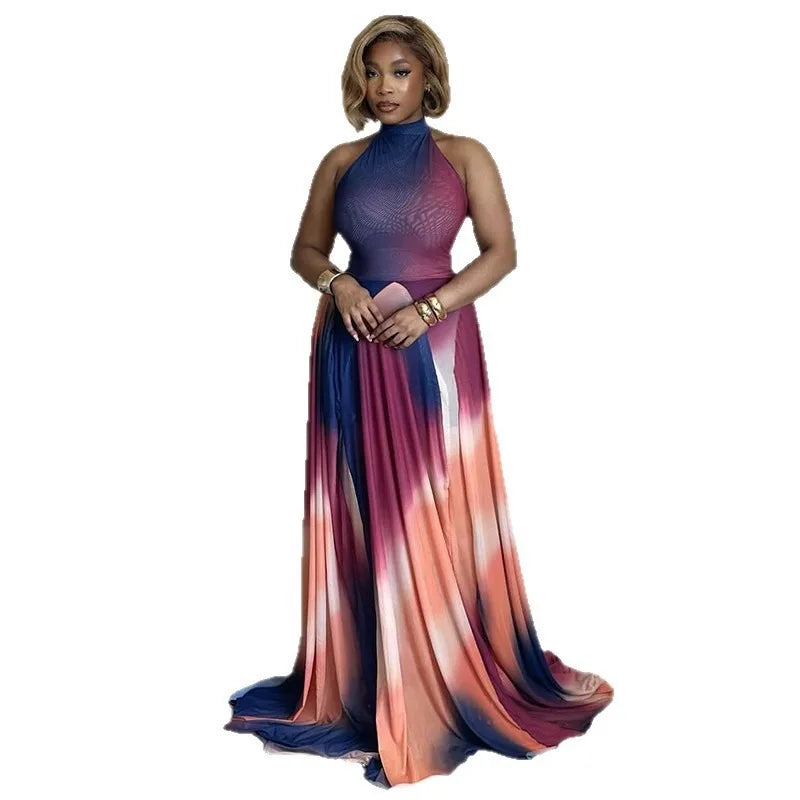 🍒Gradient dress halter neck  occasion partywear clothing sleeveless backless outfits for women pleated a-line long dress, Graceful Gradient