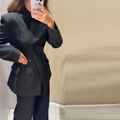 🍒Casual black blazer and pants set long sleeve jacket with fitted waist and long kick flare solid straight pant set women spring autumn suits  ‘Well fit