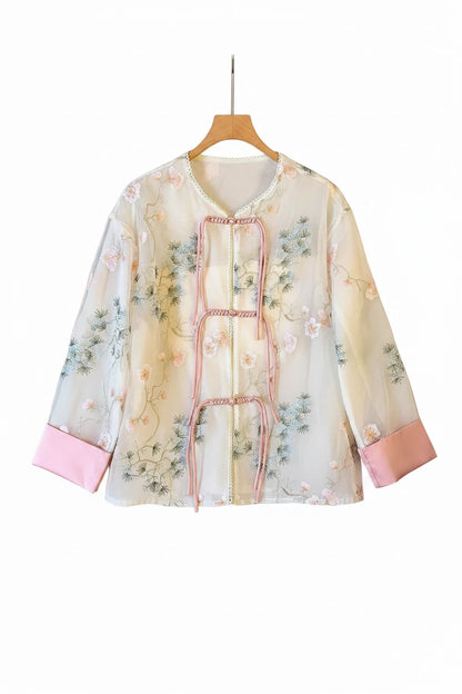 🍒Shirt jacket for women Light outer for women chinese style jacket chiffon embroidery Jacquard tie light cover up sunscreen cardigan Summer beach coverup for occasion and casual coverup See Through The Day