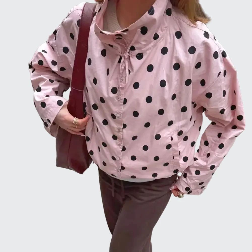 🍒Polka kol modieuse pienk baadjies lente/somer klere gedrukte los bedekkingsbaadjie-top met staankraag, sjiek gemaklike klere met trekkoorddetail Lente, Liefling