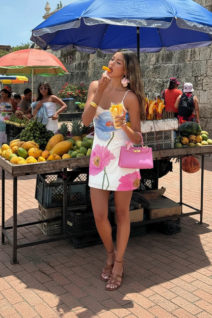 🍒Backless mini dress women summer fashion print clothing sleeveless sphagetti strap outfit White background elegant smart casual clothes Big Up Florals