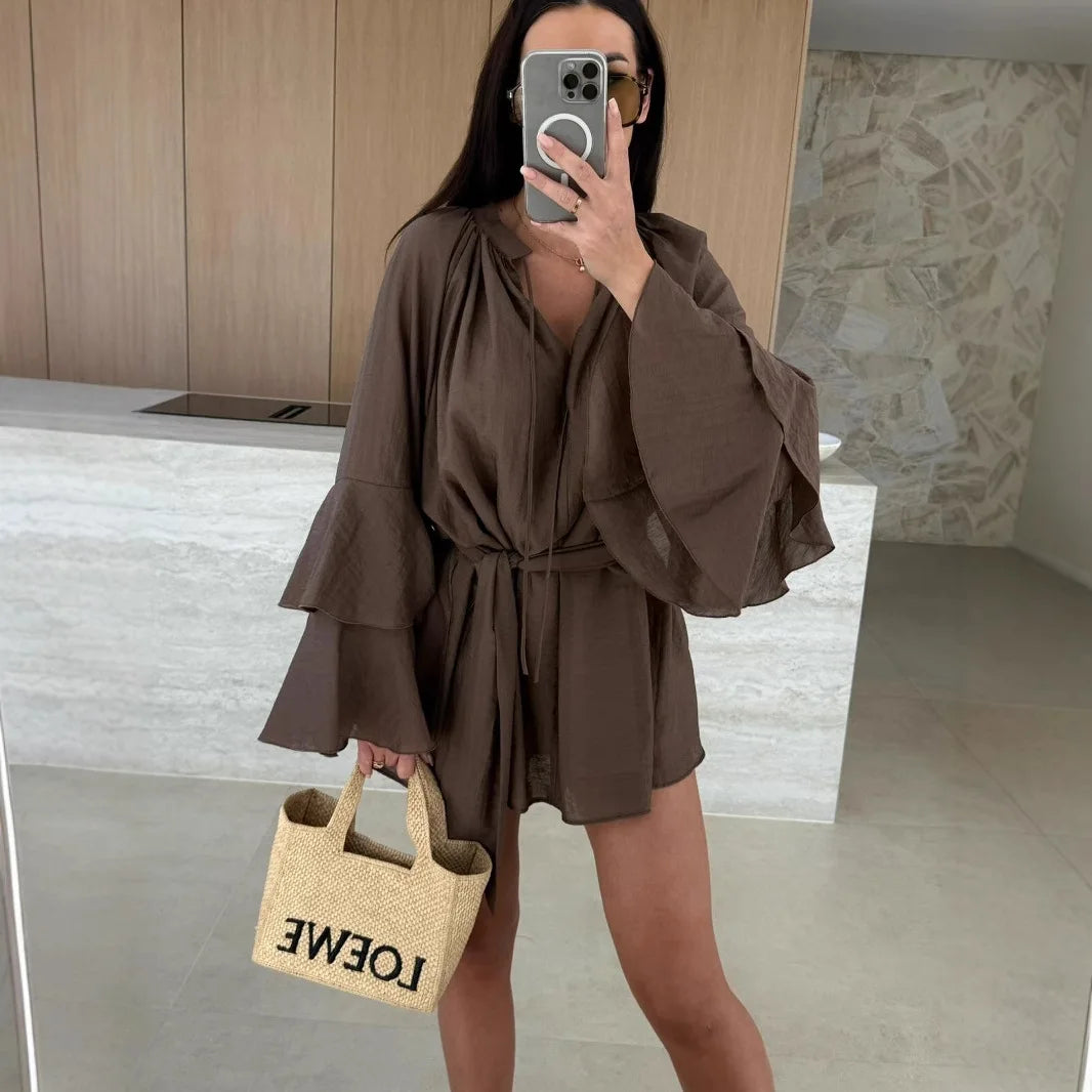 🍒Elegante opvourok vir vroue bruin diep v-nek langmou mini-rok vroulike lente somer los modeklere partytjie geleentheid drag Blouse Up In  a Dress