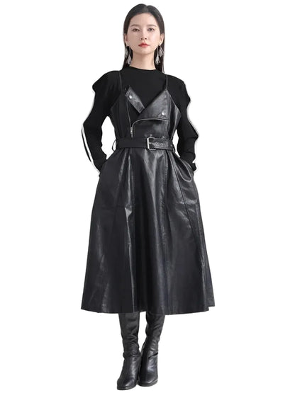 🍒Black faux leather dress spaghetti strap pu outfit with zip front sleeveless belted midi a-line dress party occasion wear sleeveless wear for women Like A Biker