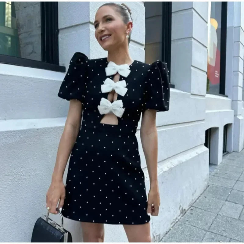🍒Bow mini dress puff sleeve party wear outfit o-neck summer occasion wear fashion elegant clothing for women BIg Up BowBowBow!