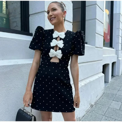 🍒Bow mini dress puff sleeve party wear outfit o-neck summer occasion wear fashion elegant clothing for women BIg Up BowBowBow!