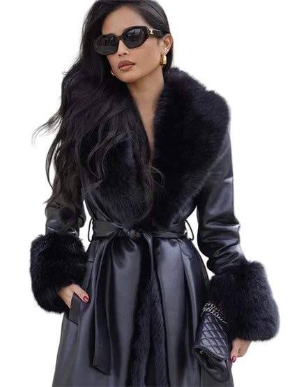 🍒Black faux leather womens coat trench fur coat collar & cuffs fashion belted waist coat long jacket chic streetwear Go On A Poodle Walk