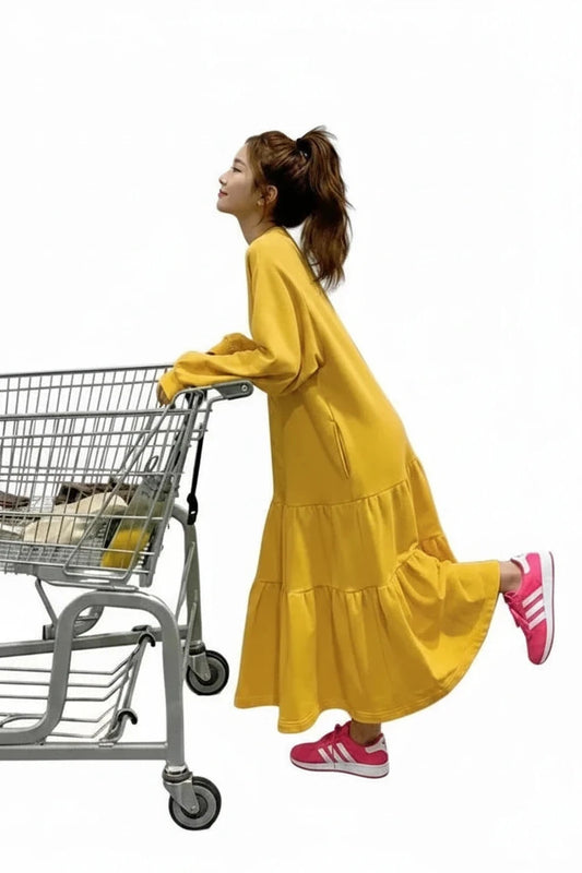 🍒Oversized dress solid color loose outfit long sleeve maxi fashion for women o-neck a-line outfits casual wear Feel Good Tiers Of Joy