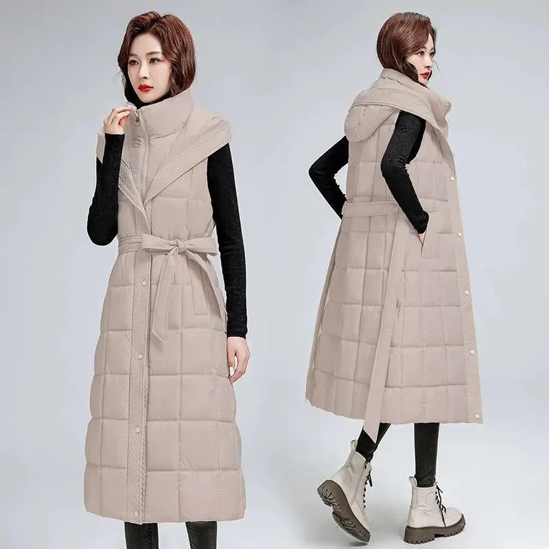 🍒无袖羽绒服女长款外套马甲秋冬连帽长款夹克羽绒填充马甲女冬时尚Get Down With Puffers