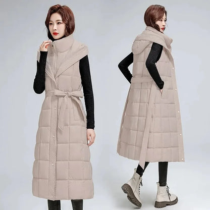 🍒无袖羽绒服女长款外套马甲秋冬连帽长款夹克羽绒填充马甲女冬时尚Get Down With Puffers