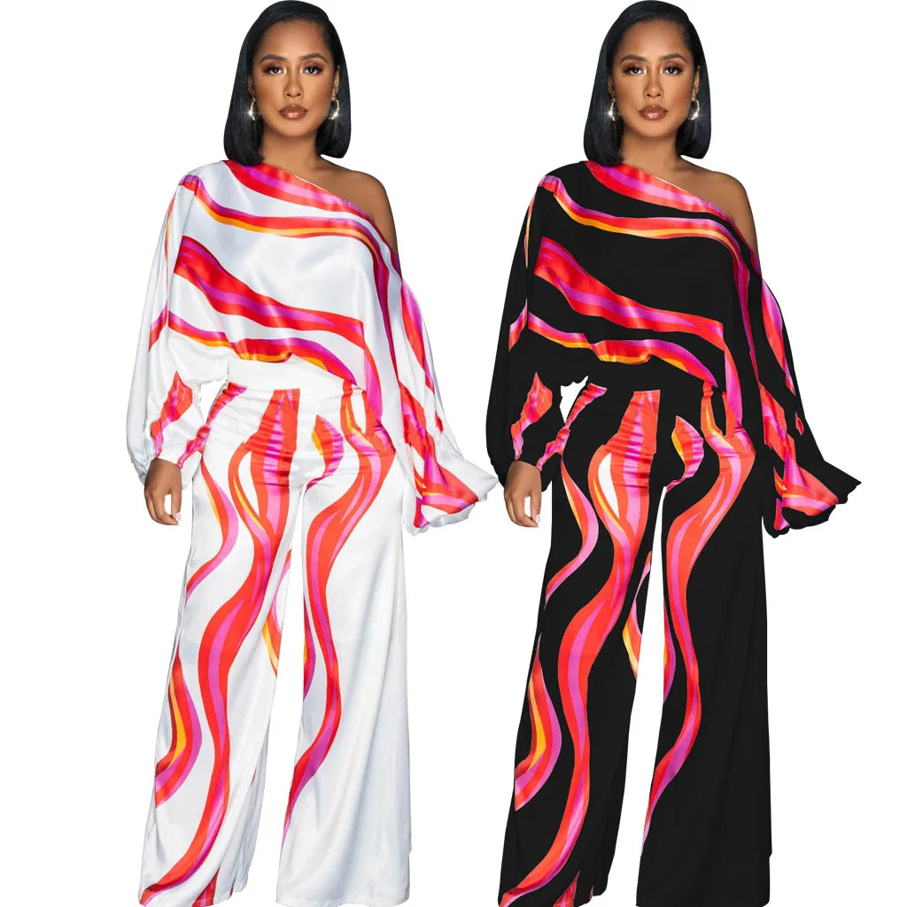 🍒One side off shoulder jumpsuit pants and top one piece print long sleeve rompers casual high waist wide leg pants overalls loose fit elegant office wear party wear occasion outfit