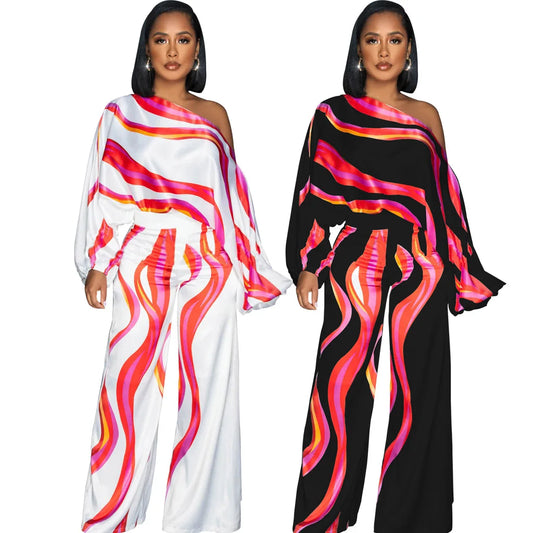 🍒One side off shoulder jumpsuit pants and top one piece print long sleeve rompers casual high waist wide leg pants overalls loose fit elegant office wear party wear occasion outfit