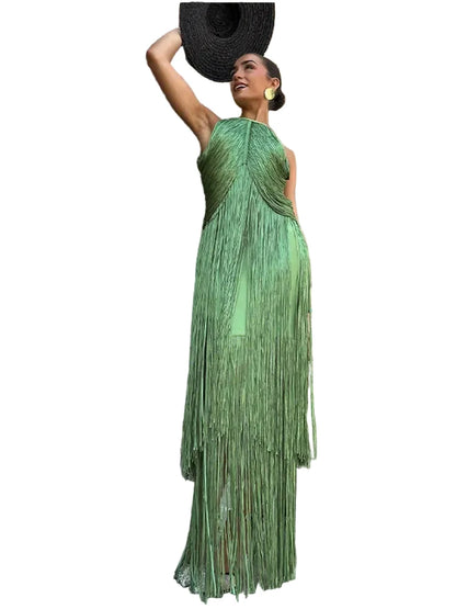 🍒Multi-layer tassel dress women's solid o-neck sleeveless cocktail dress elegant female fashion ball party outfit occasion wear club wear holiday beach party wear No Tossle Tassle