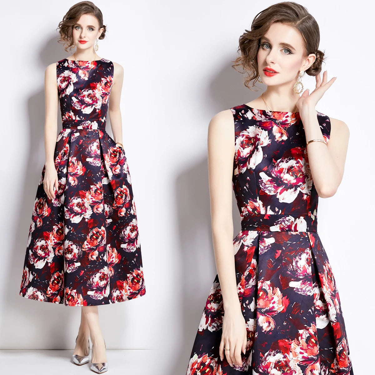 🍒Designer fashion dress floral print clothing vintage a line party wear outfit for women birthday dinner retro runway occasion wear  make ARRANGEMENTs for these FLOWERs