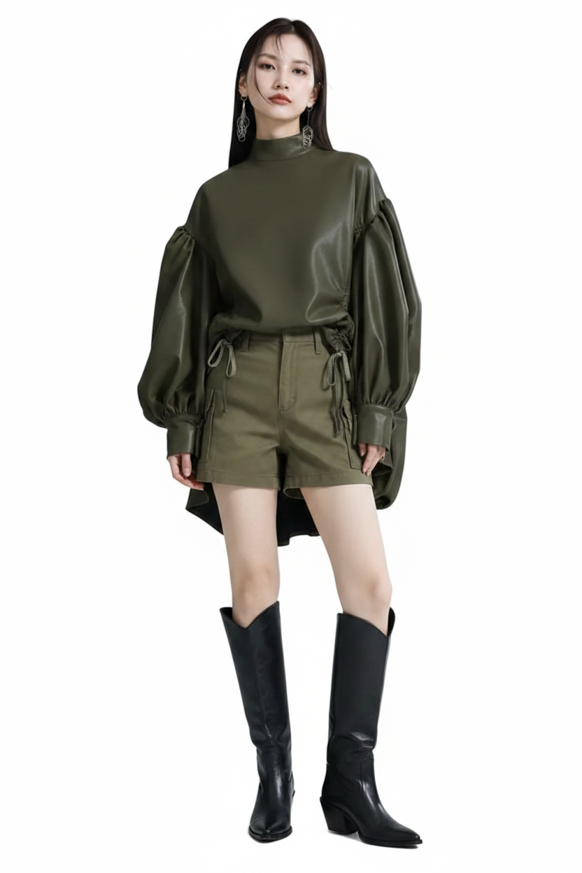 🍒Womens leather top drawstring turtle neck oversize jacket spring autumn fashion long sleeve outwear top smart casual clothing Get Looks In A Leather Look