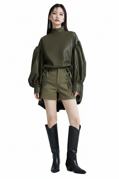 🍒Womens leather top drawstring turtle neck oversize jacket spring autumn fashion long sleeve outwear top smart casual clothing Get Looks In A Leather Look