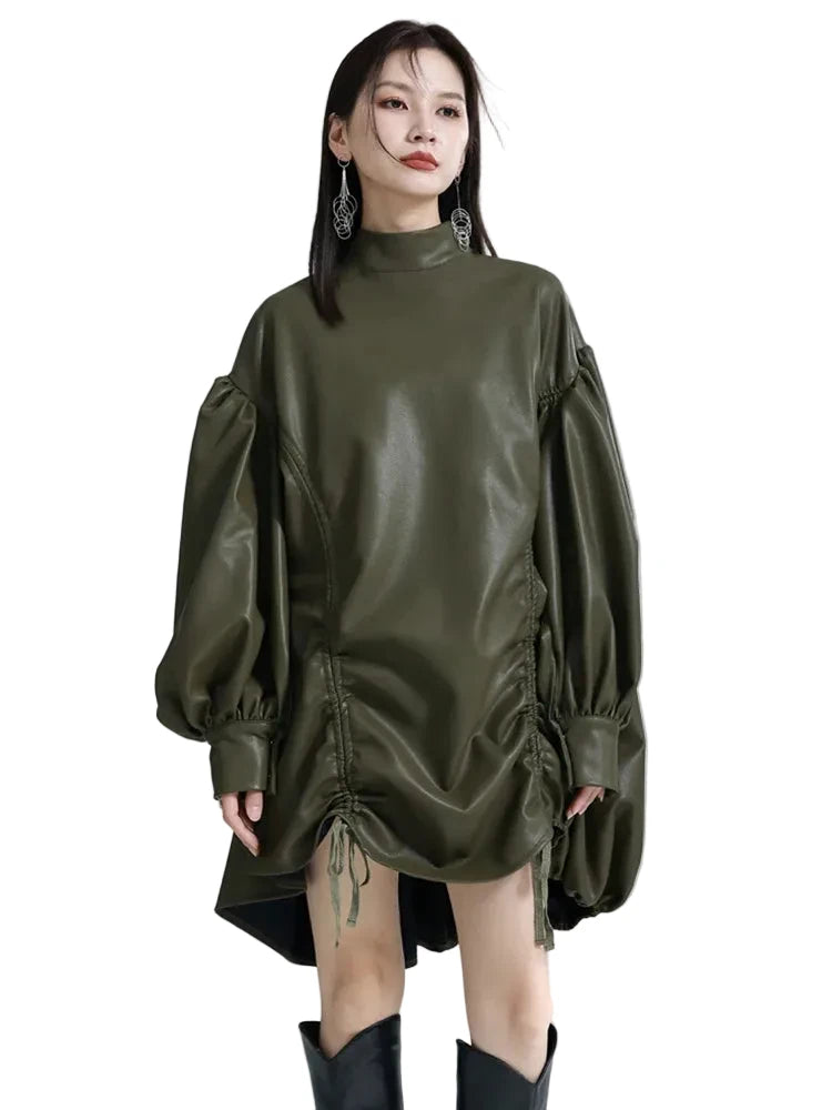 🍒Womens leather top drawstring turtle neck oversize jacket spring autumn fashion long sleeve outwear top smart casual clothing Get Looks In A Leather Look