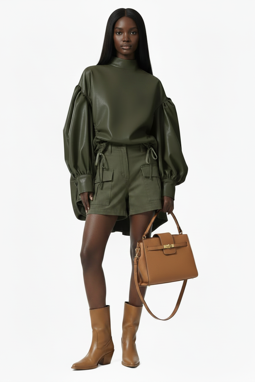 🍒Womens leather top drawstring turtle neck oversize jacket spring autumn fashion long sleeve outwear top smart casual clothing Get Looks In A Leather Look