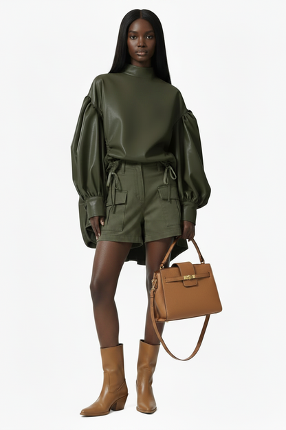 🍒Womens leather top drawstring turtle neck oversize jacket spring autumn fashion long sleeve outwear top smart casual clothing Get Looks In A Leather Look