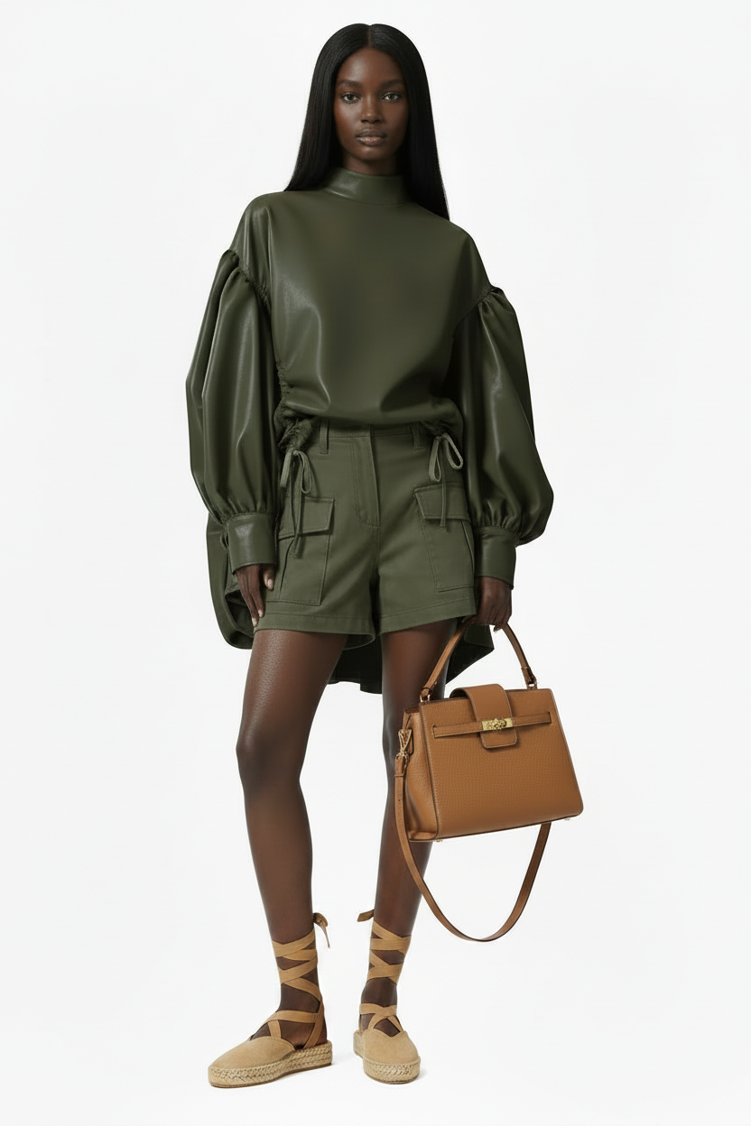 🍒Womens leather top drawstring turtle neck oversize jacket spring autumn fashion long sleeve outwear top smart casual clothing Get Looks In A Leather Look