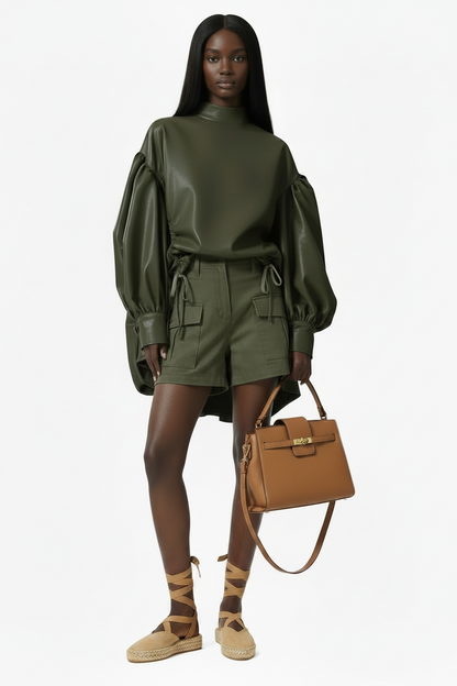 🍒Womens leather top drawstring turtle neck oversize jacket spring autumn fashion long sleeve outwear top smart casual clothing Get Looks In A Leather Look