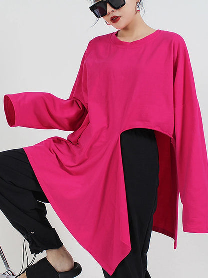 🍒Hot pink t-shirt big size Irregular side slit tee with o-neck long sleeve fashion for women smart casual spring autumn clothing  Don’t Cut Across This Cool Cross Cut