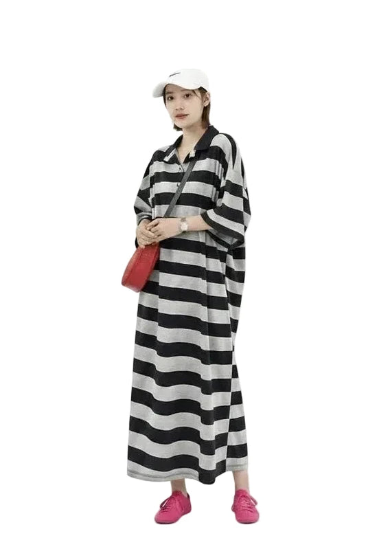 🍒Gestreepte somerpolohemp-rok T-hemp-rokke vir vroue kortmou plusgrootte midi-rokke middellengte-uitrusting oesjaar-mode gemaklike klere slenterende los gestreepte