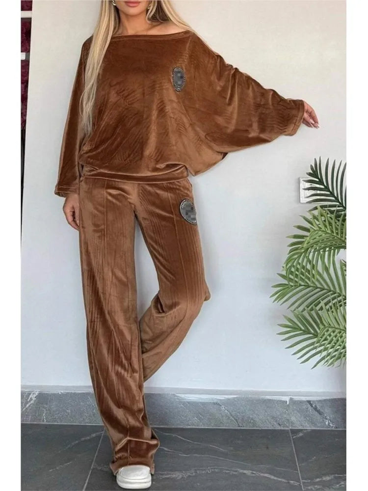 🍒Velvet two piece set solid round neck fashion of shoulder batwing top plus flared trouser casual two-piece outfits for women vibe in velvet