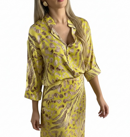 🍒Party two piece printed shirt and skirt set v-neck three quarter sleeve shirts for women high waist skirts for women two piece evening outfits female occasion clothing