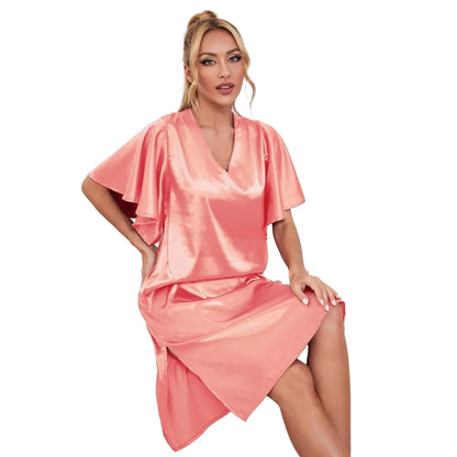🍒Solid colour women's ice silk summer short sleeved satin night dress lounge wear for women shiny loungewear Stylely Smoothy Sleepy
