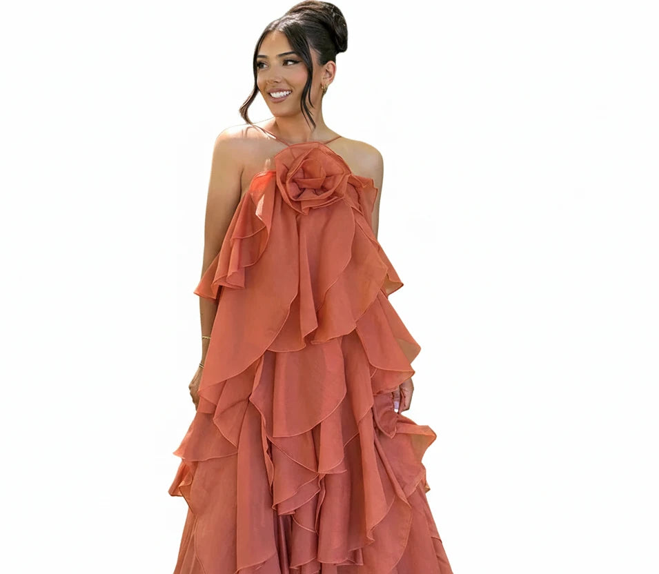 🍒Ruffles long dress for women 3d fower backless sleeveless outfit slim fit maxi dress summer fashion clothing holiday party wear beach layer occasion clothes Maxi-mum Ruffle Without Kerfuffle