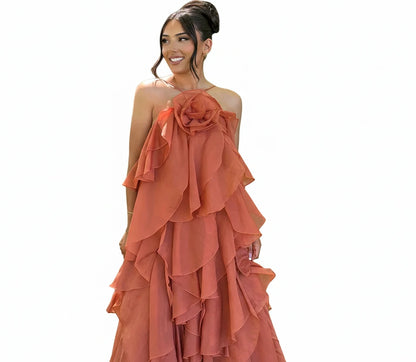 🍒Ruffles long dress for women 3d fower backless sleeveless outfit slim fit maxi dress summer fashion clothing holiday party wear beach layer occasion clothes Maxi-mum Ruffle Without Kerfuffle