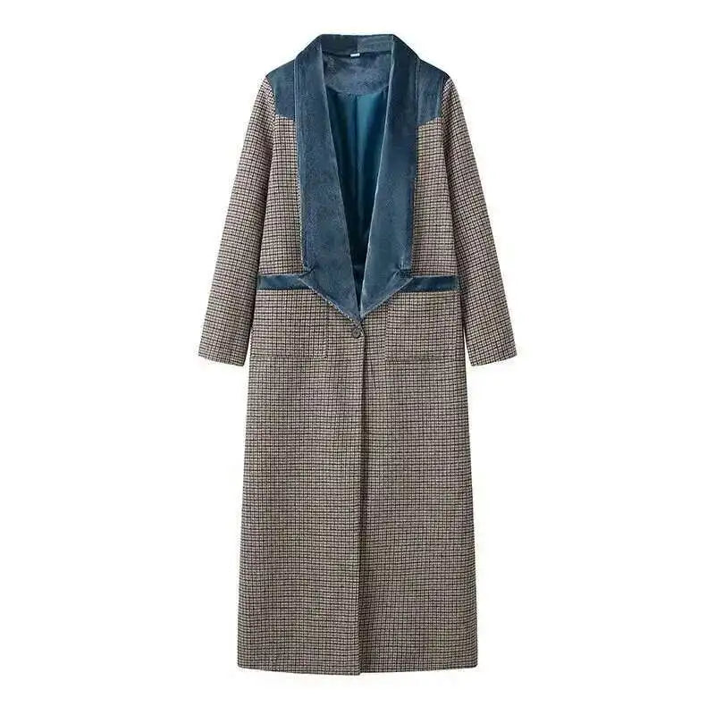 🍒Plaid coat long women colour block outerwear lapel wool coat long sleeve loose single button smart casual outdoor female fashion mixed media clothing CHECK Out Your VELVET its SOLID Quality