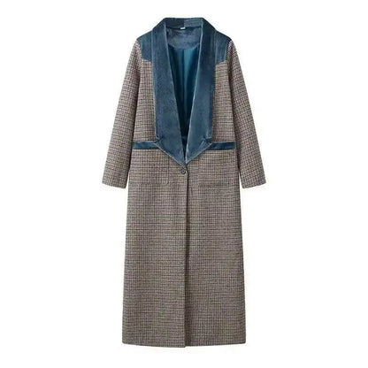 🍒Plaid coat long women colour block outerwear lapel wool coat long sleeve loose single button smart casual outdoor female fashion mixed media clothing CHECK Out Your VELVET its SOLID Quality