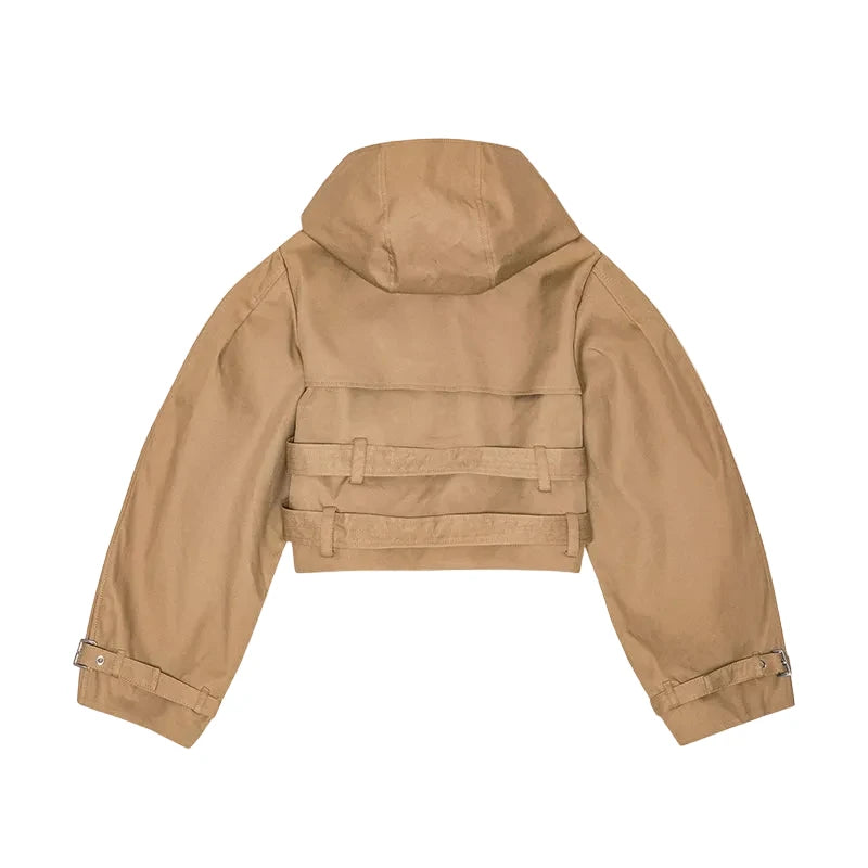 🍒Hooded trench coat women casual puff sleeve outerwear. double breasted belted cropped Jacket khaki fashion clothing                               2.long trench version  Travel Along Cool Double Belt