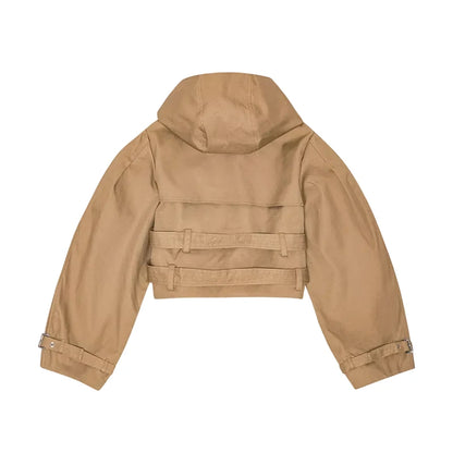 🍒Hooded trench coat women casual puff sleeve outerwear. double breasted belted cropped Jacket khaki fashion clothing                               2.long trench version  Travel Along Cool Double Belt