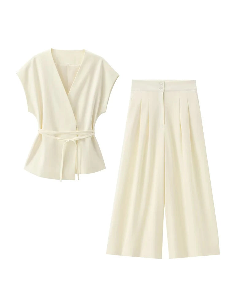 🍒Trouser suits for women sleeveless v-neck top with belt and straight pants wide leg sets spring summer clothing smart casual clothes party occasion wear two piece Two Piece Ease