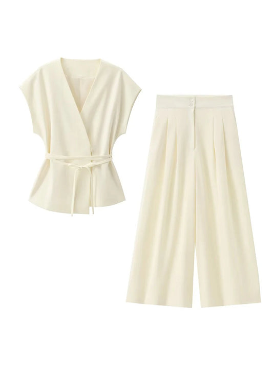 🍒Damesbroekpakke moulose v-nek-top met belt en reguitbroek wye been stelle lente somer klere slim gemaklik klere partytjie geleentheid drag twee stuk Twee Stuk Gemak
