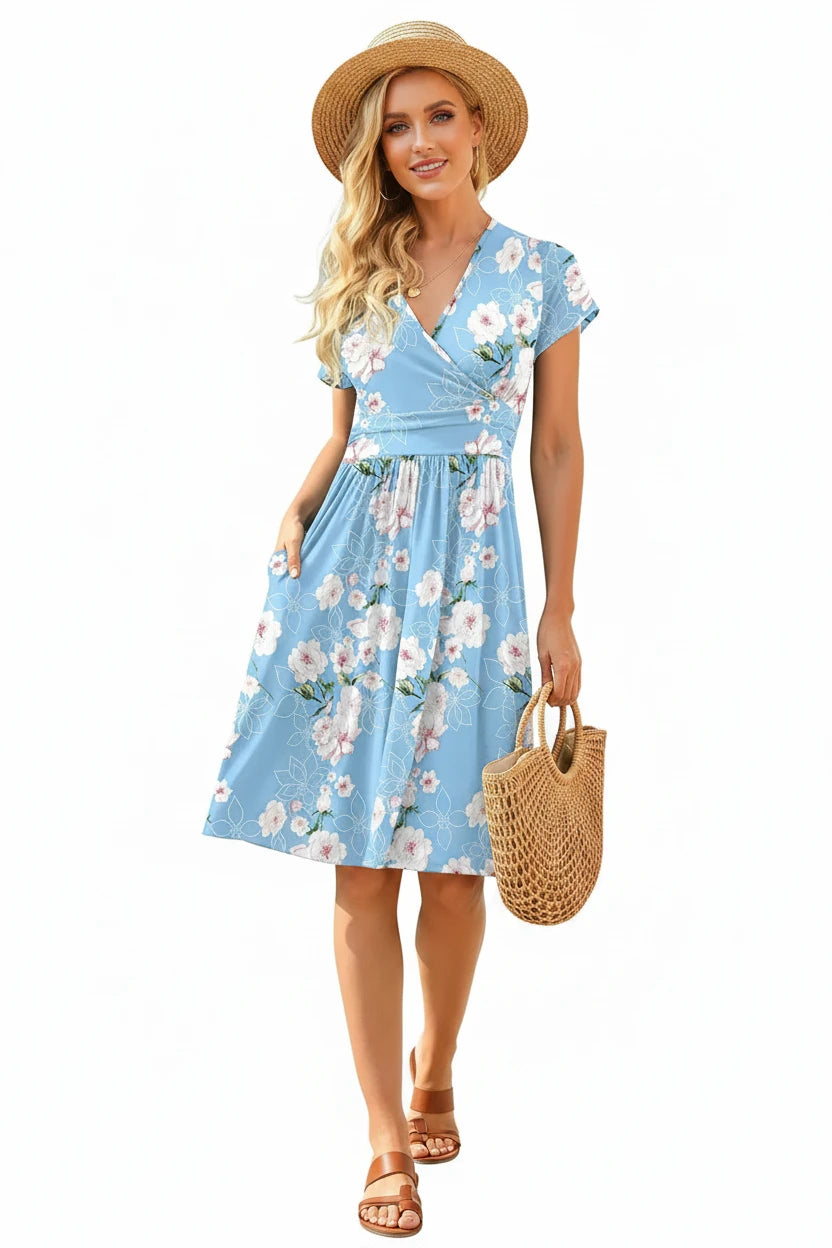 🍒Printed v-neck a-line short sleeve dress floral with high waist over knee outfits for summer womens fashion clothing beachwear holiday clothing A Bunch Of Beautiful Florals
