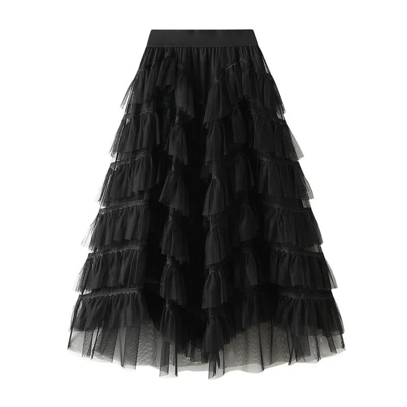 🍒Mesh cake skirt elasticated waist summer fashion midi long skirts for women female smart casual clothes princess skirts for adults occasion party wear Teirs Of Fashion Passion