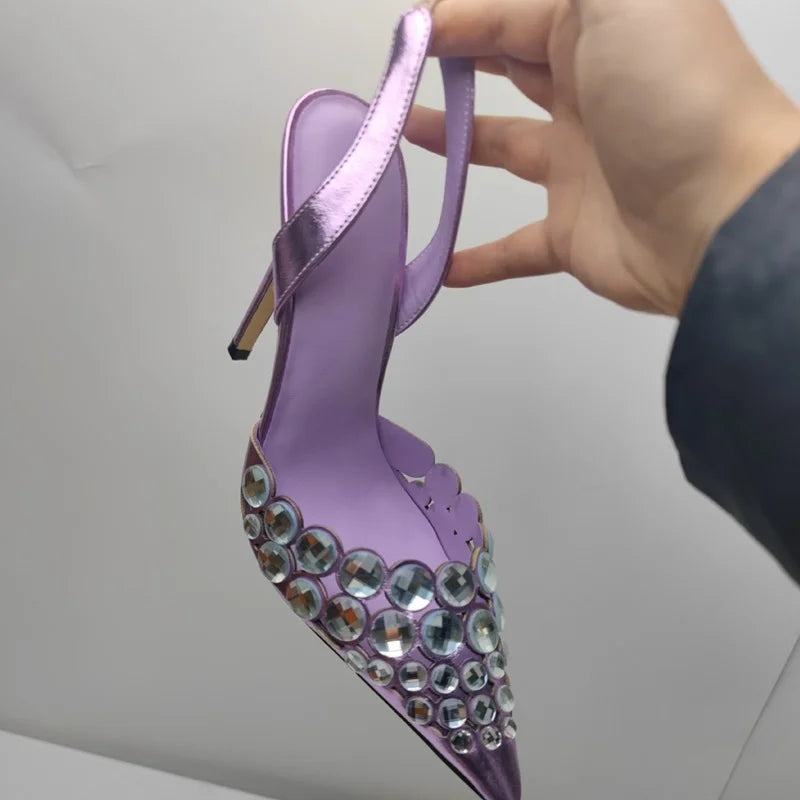 🍒Crystal slingback sandals pointed toe stilettos heels ankle strap occasion shoes footwear evening pumps for women modern party shoes On Point Fashion